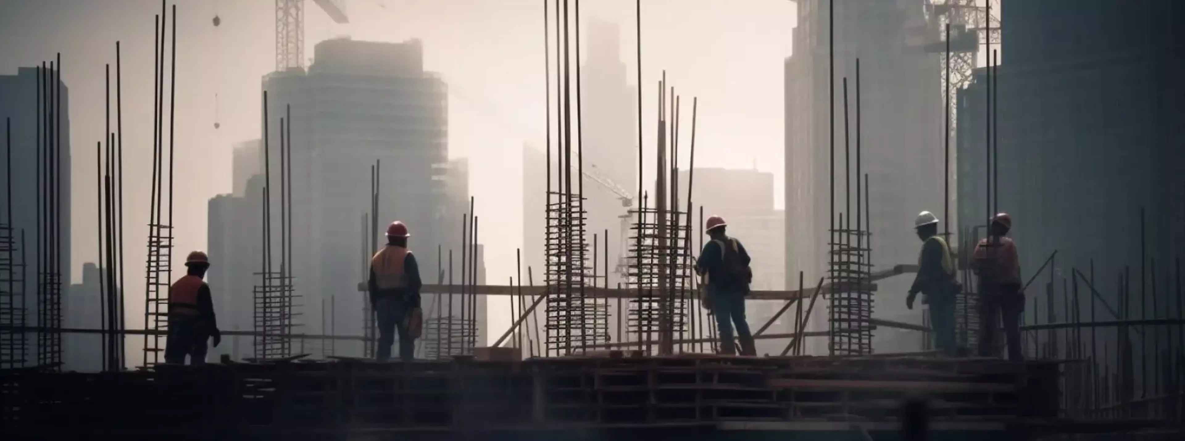 Construction workers standing in a construction site looking at the sunset in the distance.