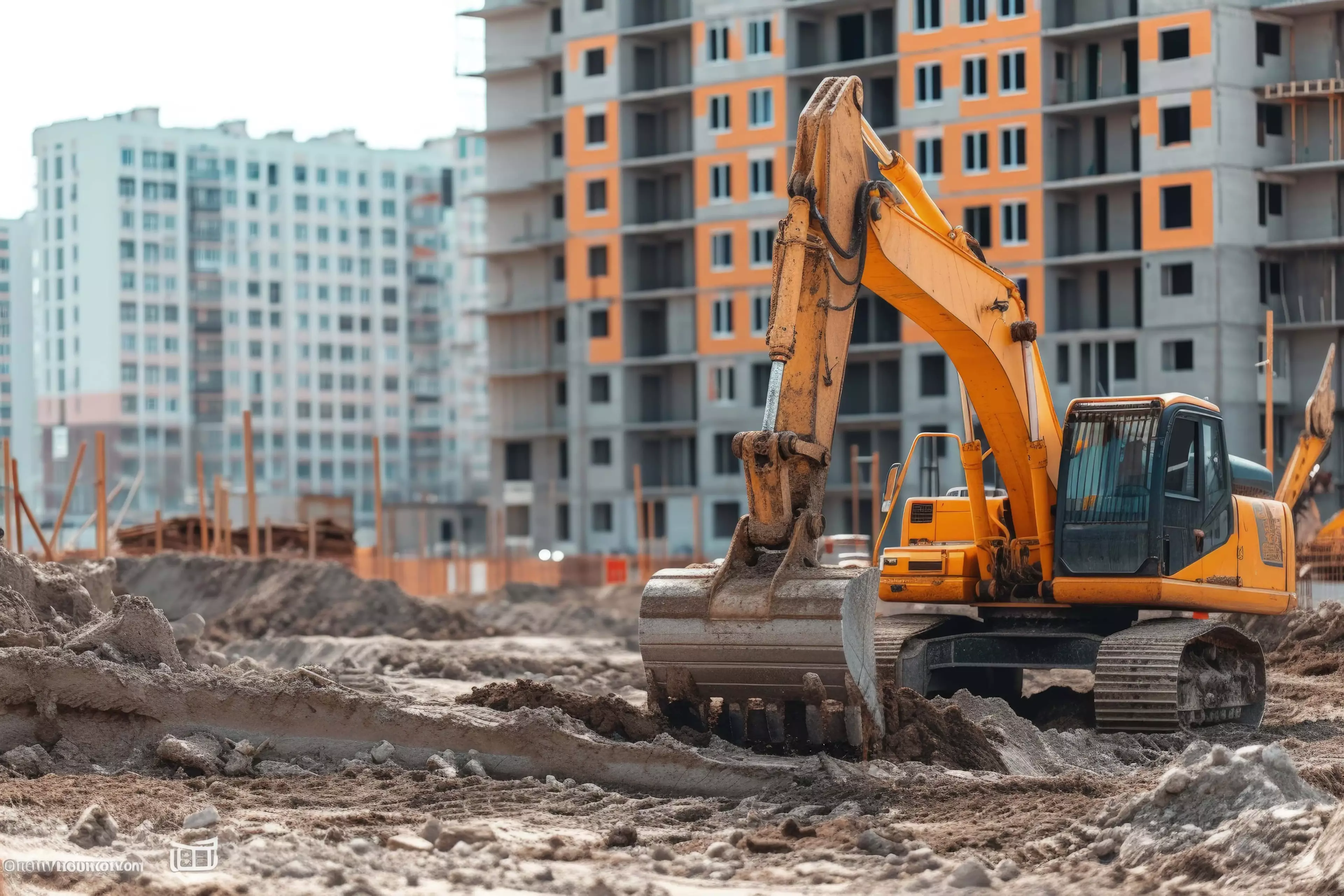 Excavator grabbing rubble on a construction site.