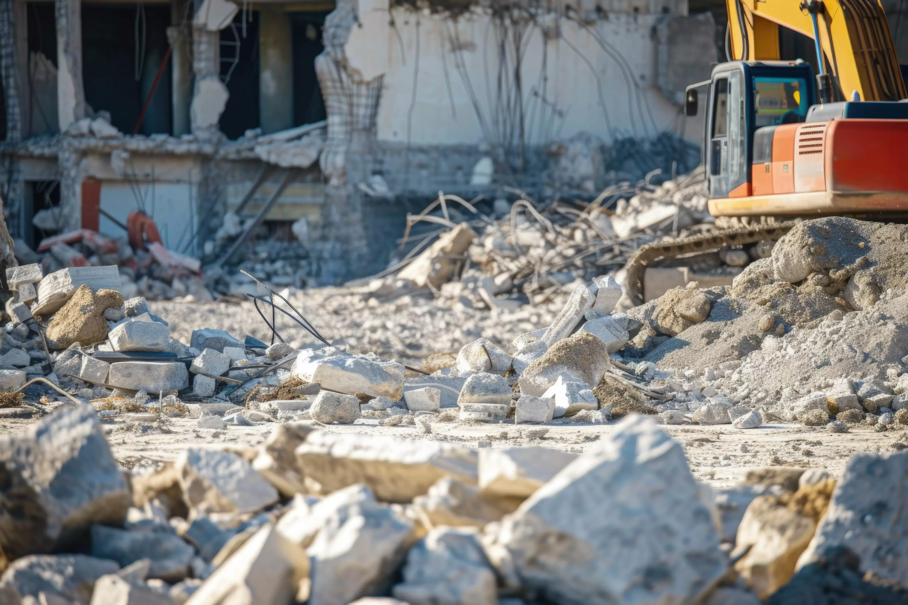 Construction site rubble with an Excavator in the distance.