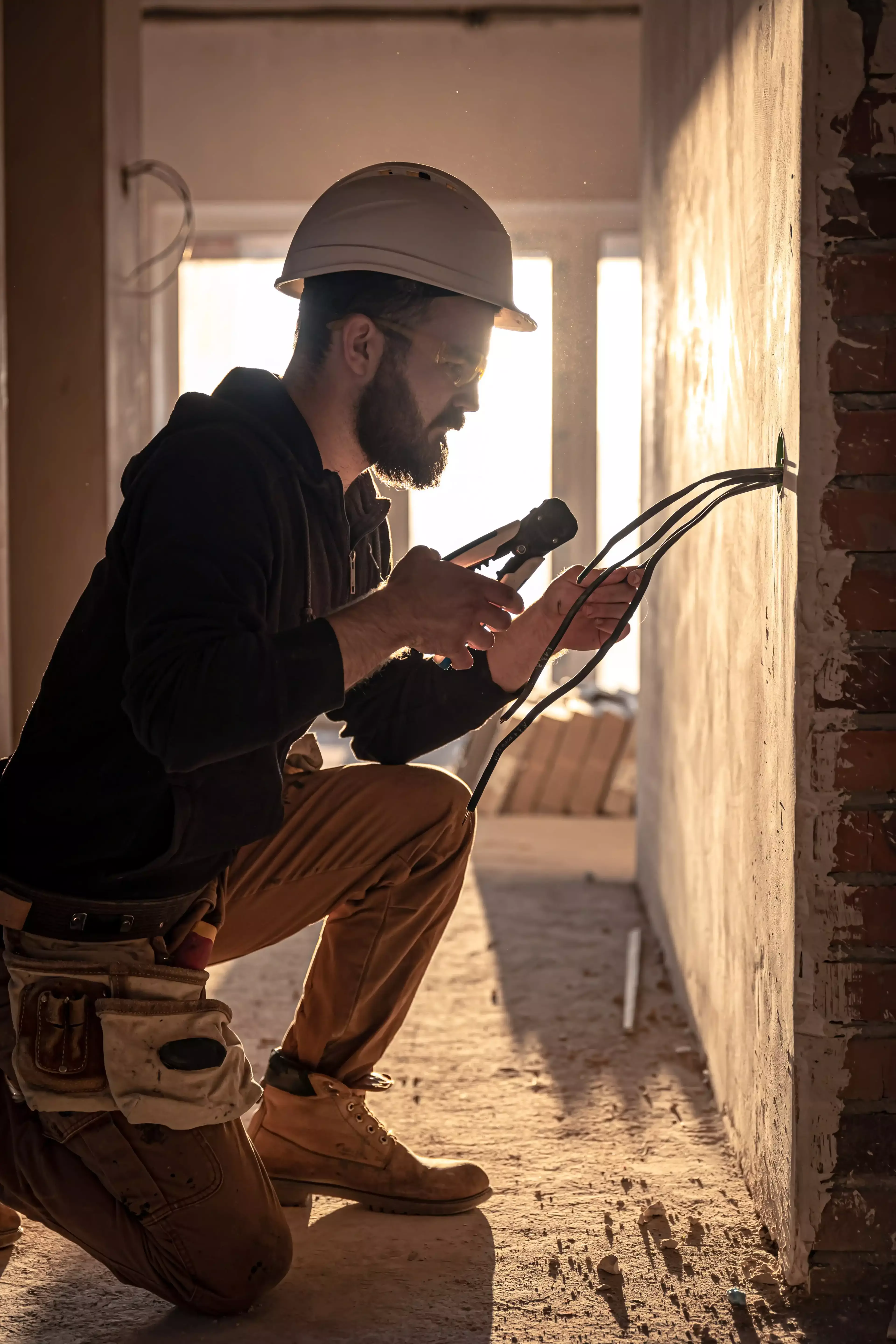 Construction worker cutting wires.